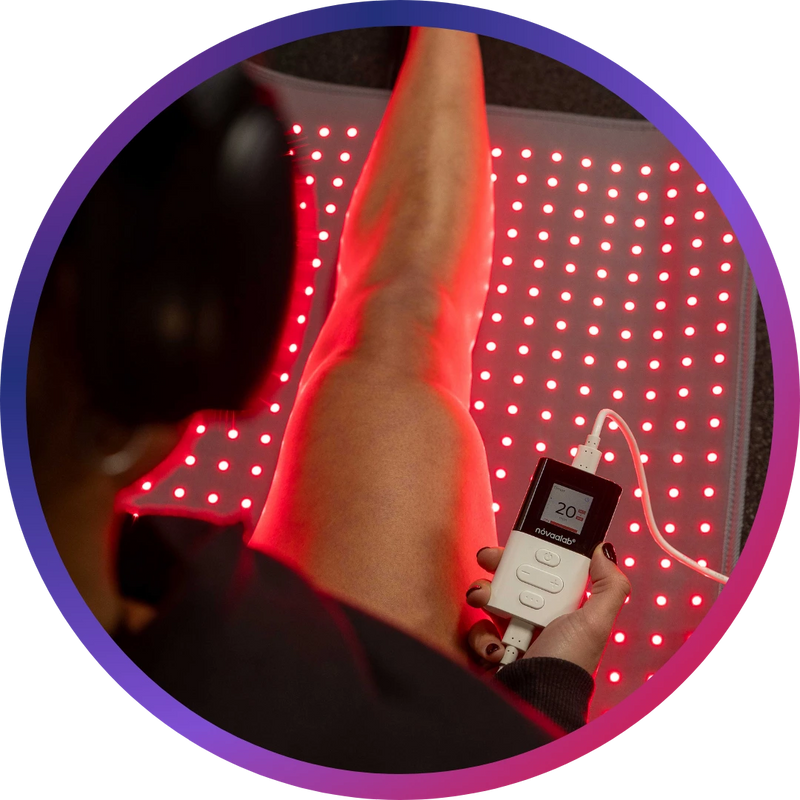 Novaa Light Pad in use on a leg, remote in hand, shown in a circular frame